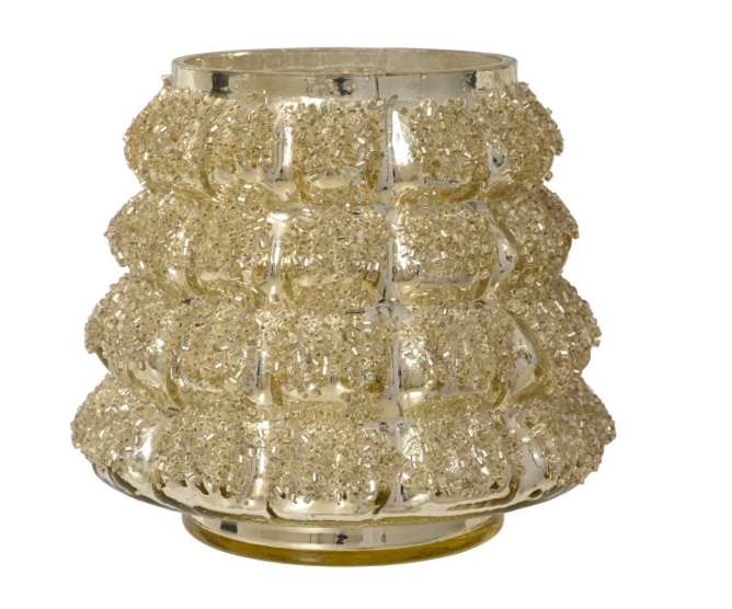 Antique Champagne Gold Tealight Holder w/Gold Beads 4.9"H