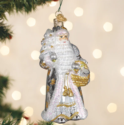 Old World Sterling Santa Glass Christmas Ornament