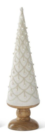15.25" Cream Felt & Pearls Tree w/Wood Base