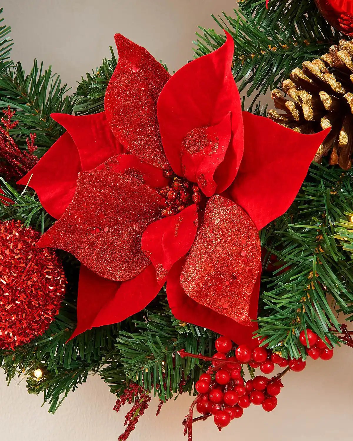 Pre-Lit Extra Thick Decorated Wreath, Red & Gold, 76 cm - Image 2