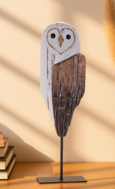 Wood Owl on Iron Stand 14"H