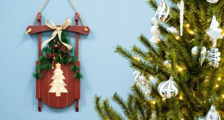 Battery-Operated 55cm Red Decorative Wooden Sled - Tree Design