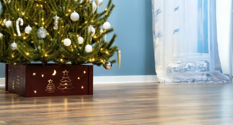 Pre-lit Large Red Wooden Christmas Tree Skirt - Trees & Stars Scene
