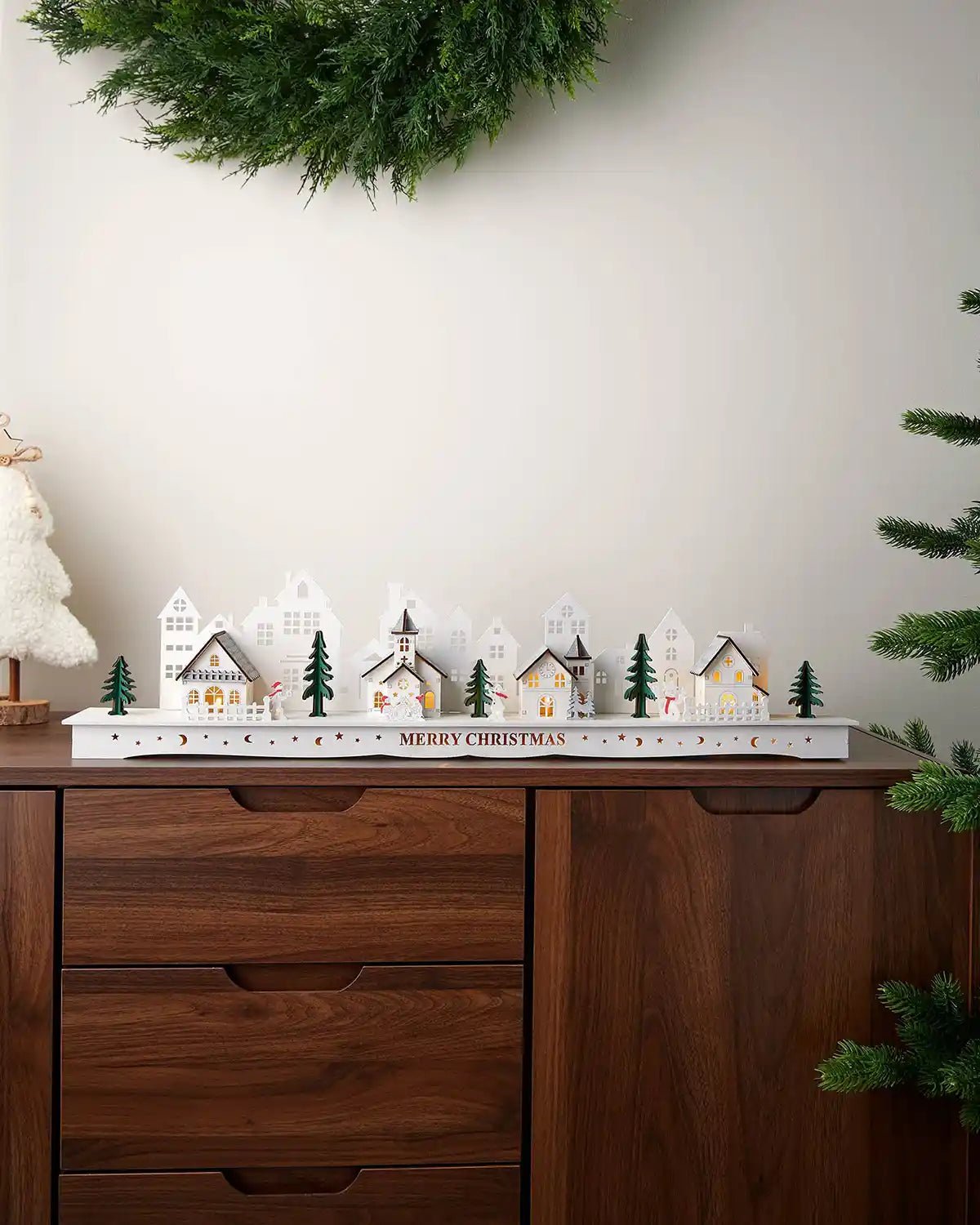 Pre-Lit Wooden Village Scene, White, 70cm