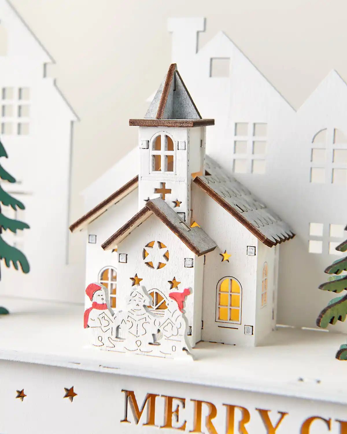 Pre-Lit Wooden Village Scene, White, 70cm - Image 4