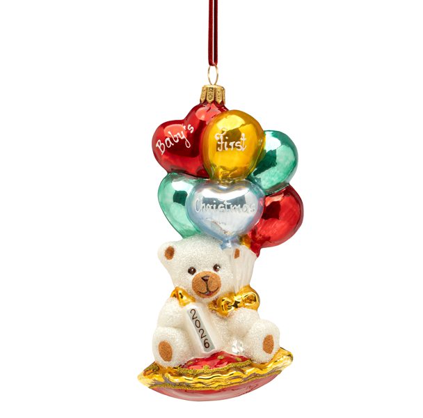 Huras Family Teddy Bear with Balloons ( No Date ) Multi European Blown Ornament