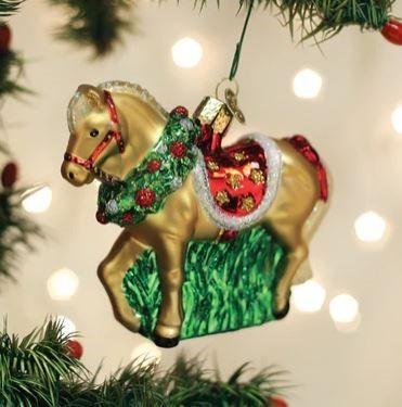 Old World Horse With Wreath Glass Christmas Ornament - Image 3