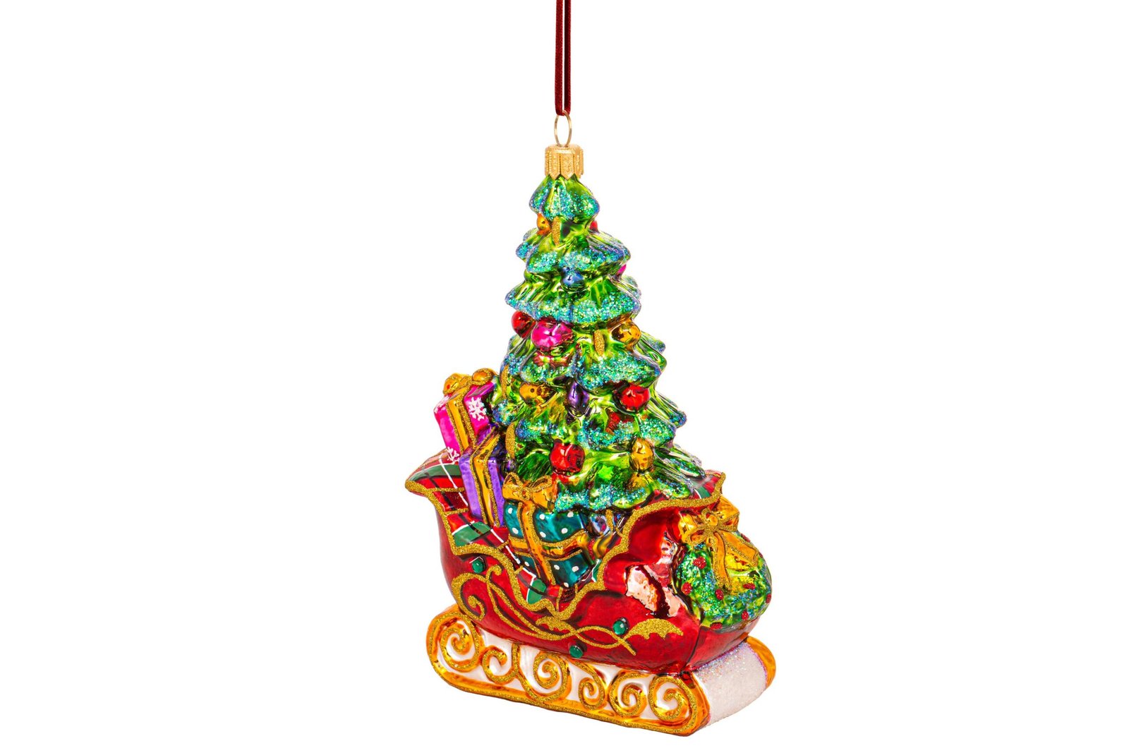 Huras Family Kensington Sleigh with Tree European Blown Ornament