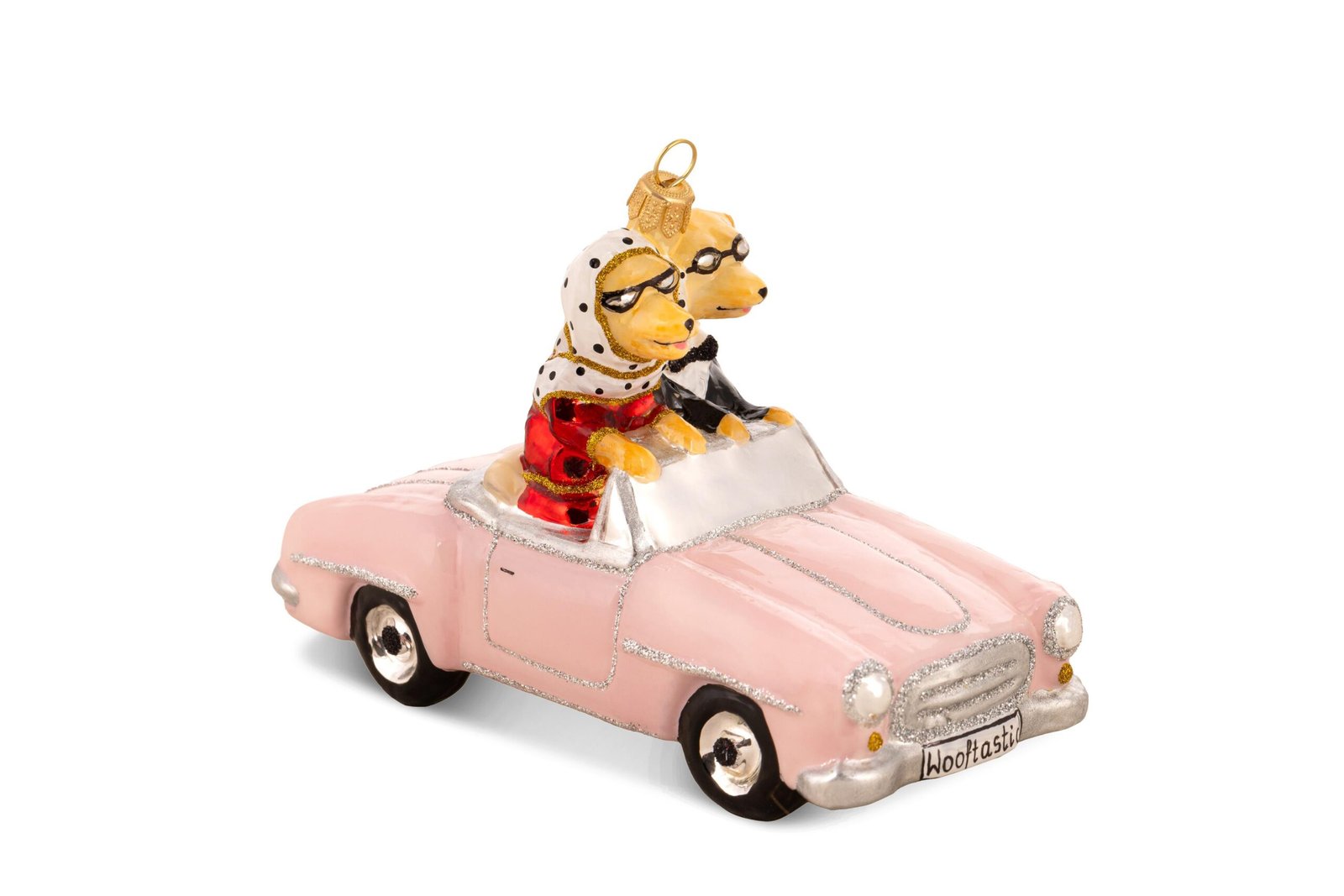 Huras Family Pups in Pink Cabrio European Blown Ornament