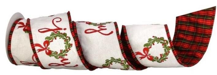 "Joy" Wreath Dupion Plaid Back Ribbon 4"x5Y