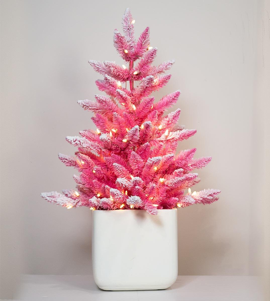 3' Flocked Over Pink Potted Tree - Clear LED - Image 3