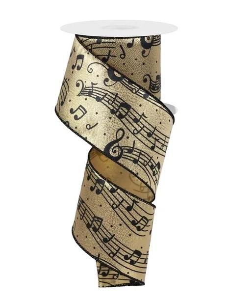 Black Music Notes on Gold Metalic Ribbon 2.5" X 10yd