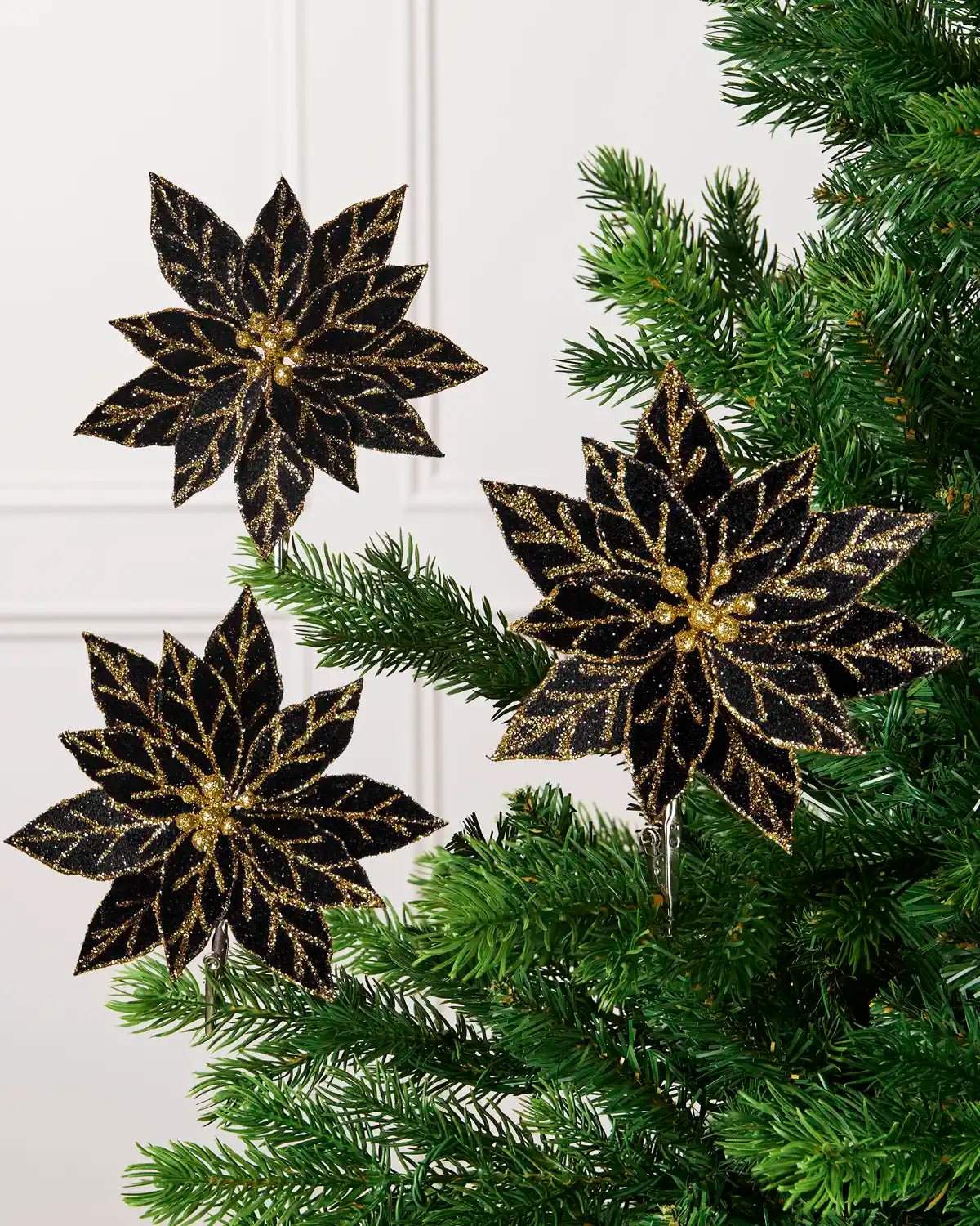 Set of 3 Black Glitter Artificial Poinsettias, 15 cm