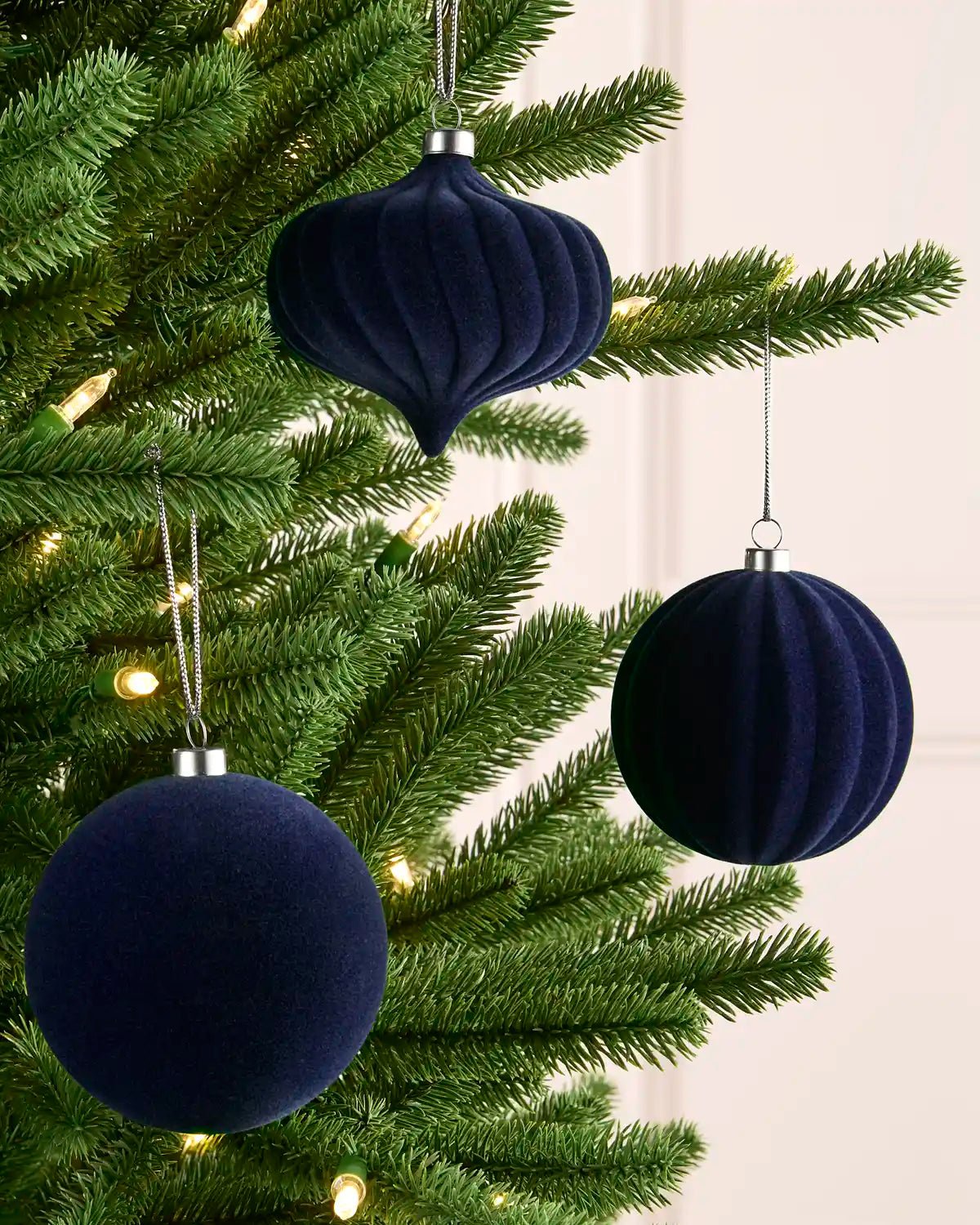 Set of 9 Velvet Baubles, Navy, 10 cm