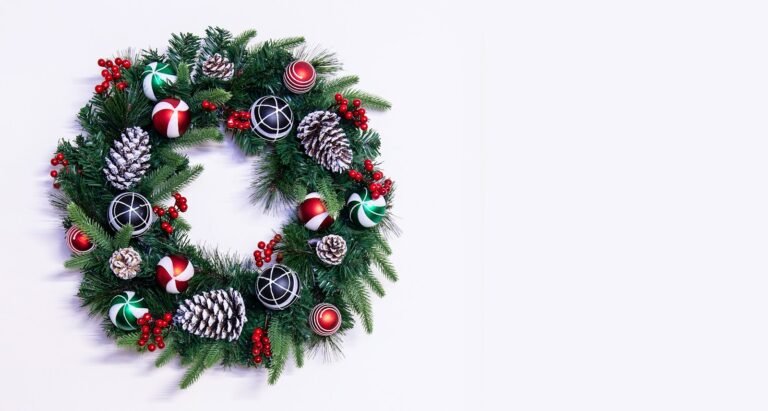 50cm Decorated Mixed Pine Wreath with Red Green & Black Baubles
