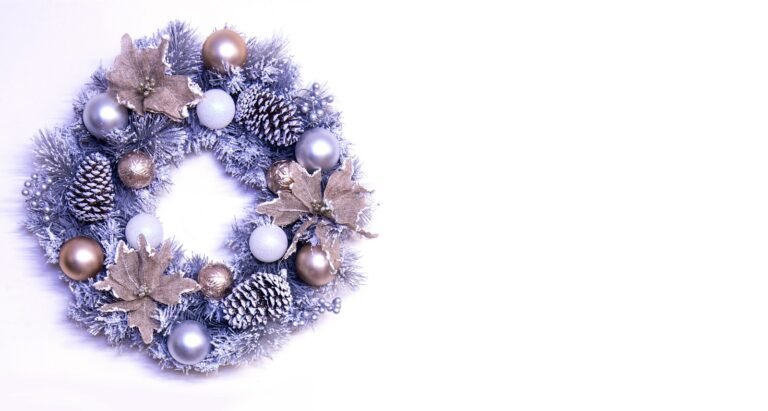 50cm Decorated Silver Mixed Pine Wreath with Rose Gold Poinsettia