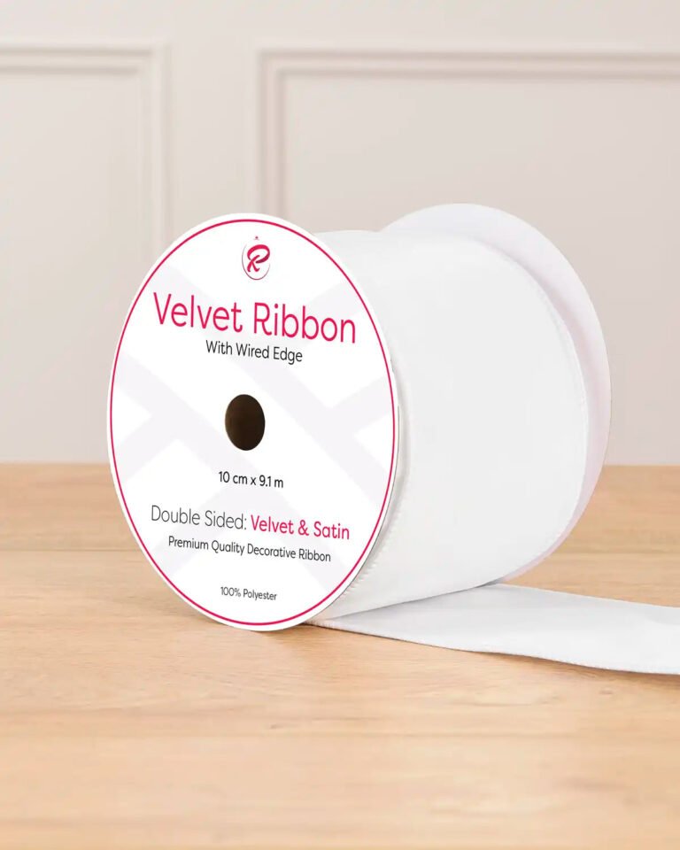 10 cm Double-Sided Wired Velvet Ribbon, White, 9 m