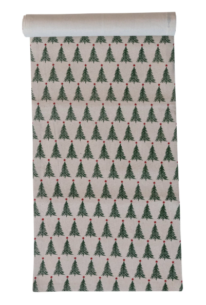 Stonewashed Cotton Printed Table Runner w/ Christmas Tree Pattern 72"