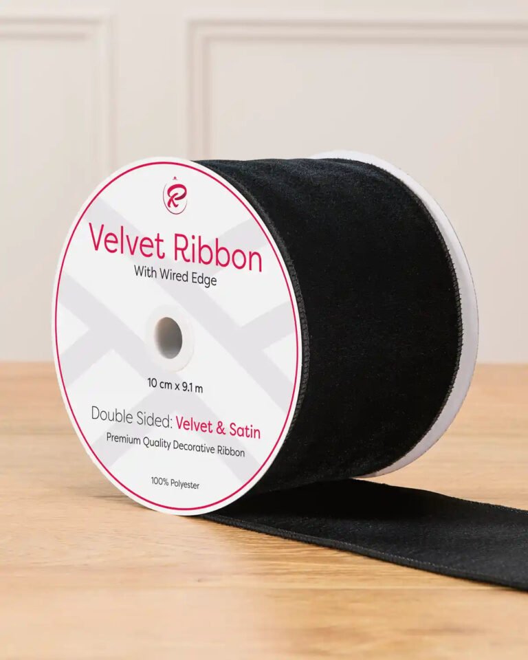 10 cm Double-Sided Wired Velvet Ribbon, Black, 9 m