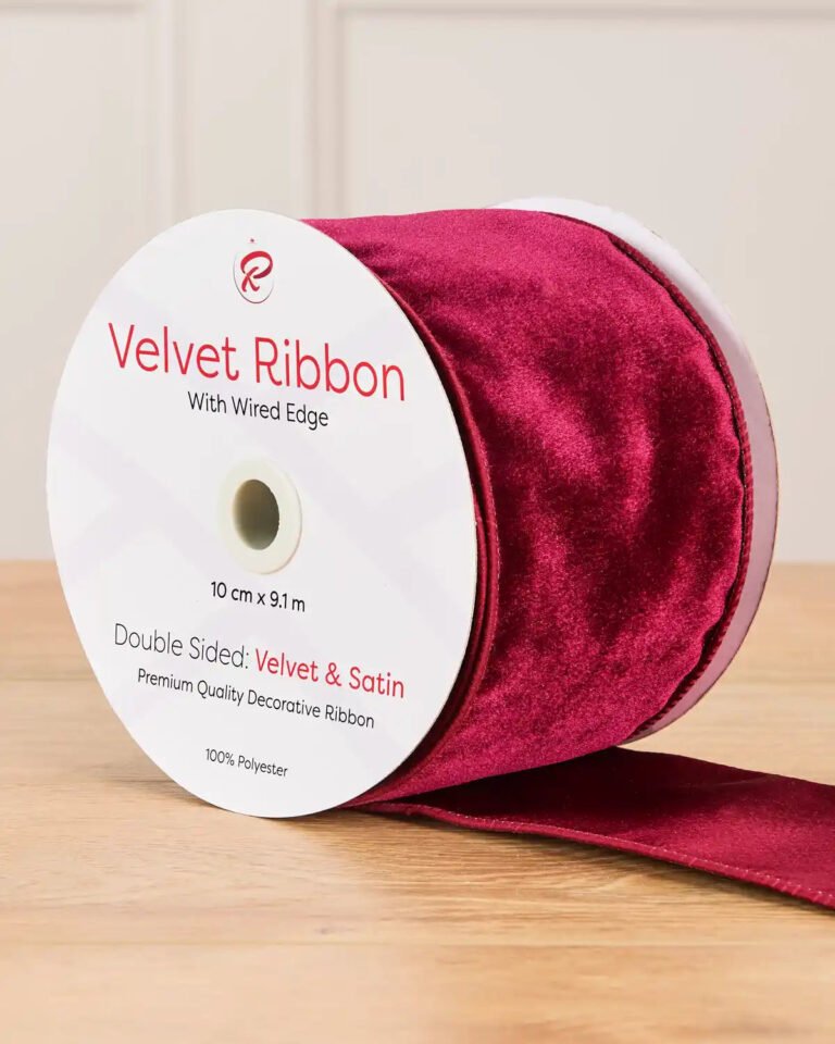 10 cm Double-Sided Wired Velvet Ribbon, Burgundy, 9 m
