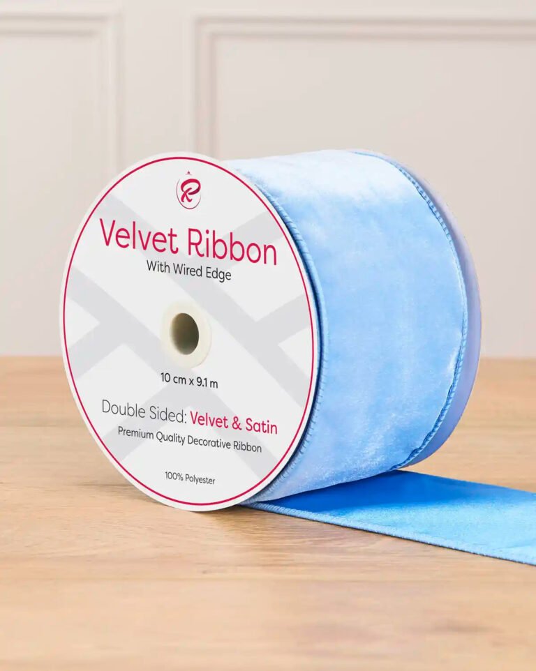 10 cm Double-Sided Wired Velvet Ribbon, Ice Blue, 9 m