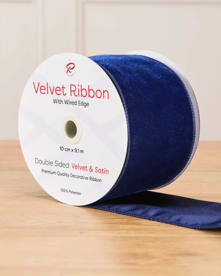 10 cm Double-Sided Wired Velvet Ribbon, Navy, 9 m