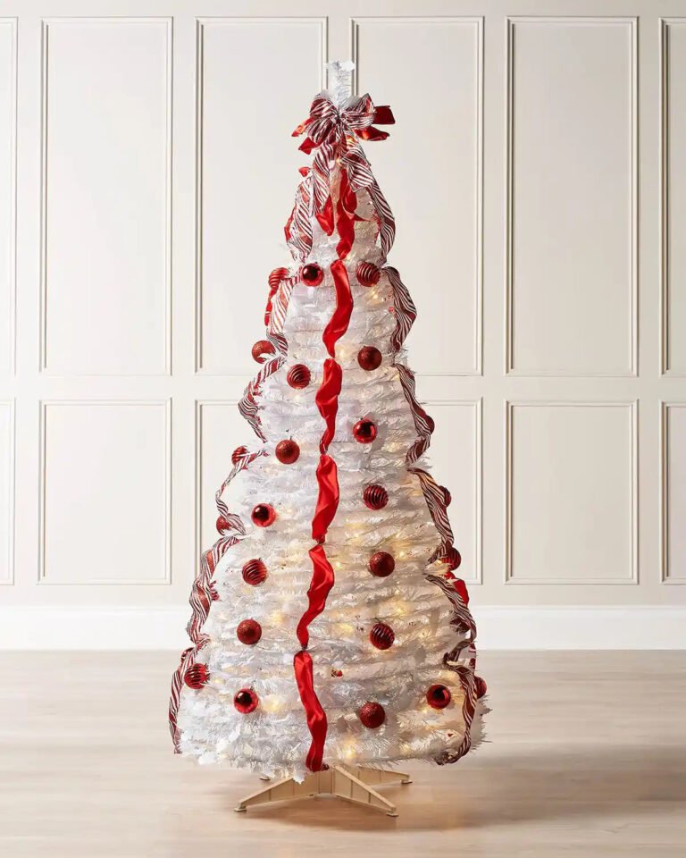 Pre-Lit Pop-Up Decorated Christmas Tree, Red/White, 6 ft